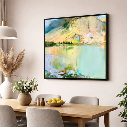 Curving Pebble Shore at Buttermere lake district lake wall art displayed in a dining room