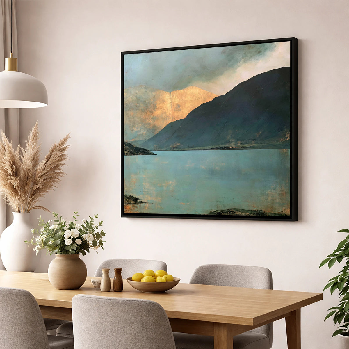Golden Light On Wastwater Screes lake district lake wall art displayed in a dining room