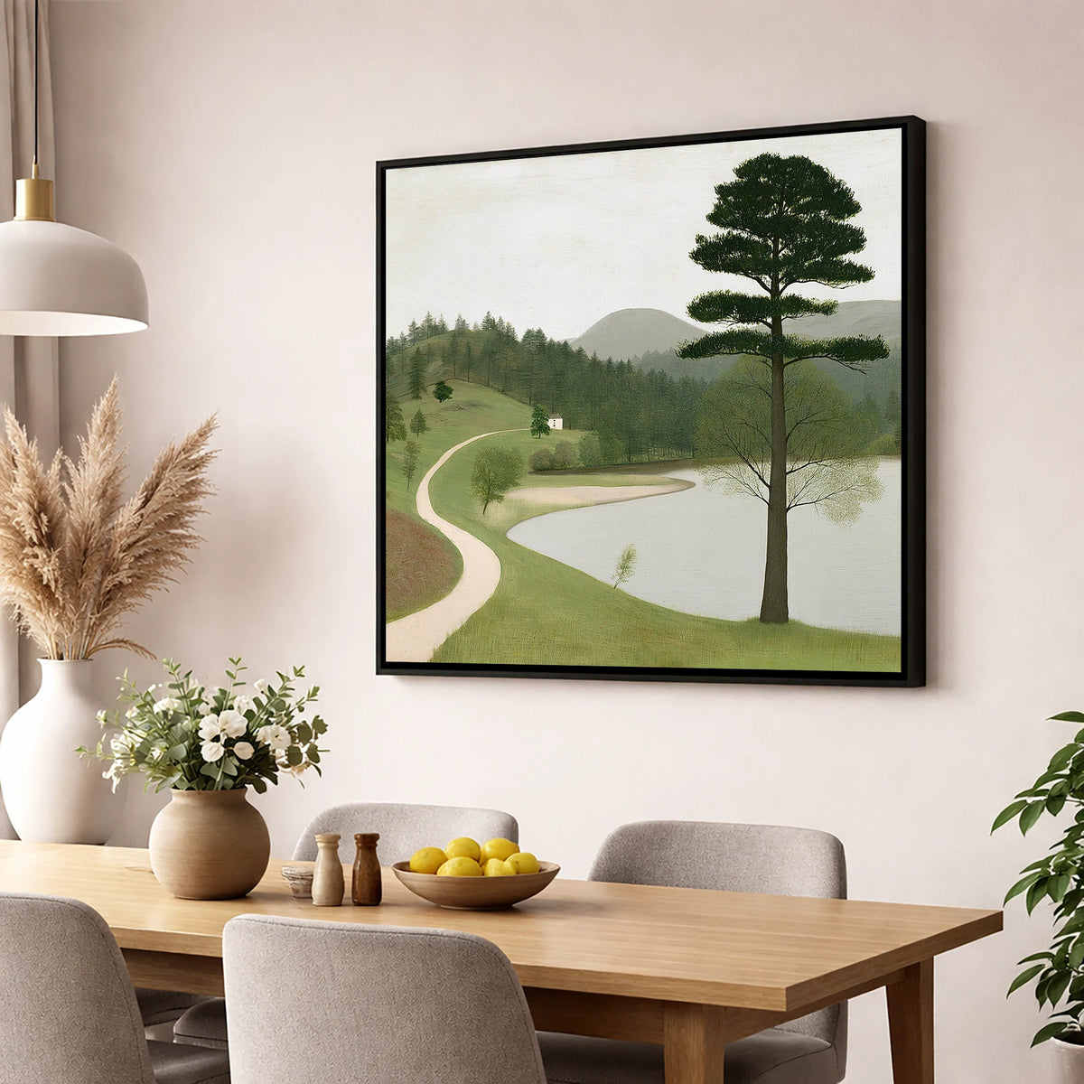 Tall Pine at Tarn Hows lake district lake wall art displayed in a dining room
