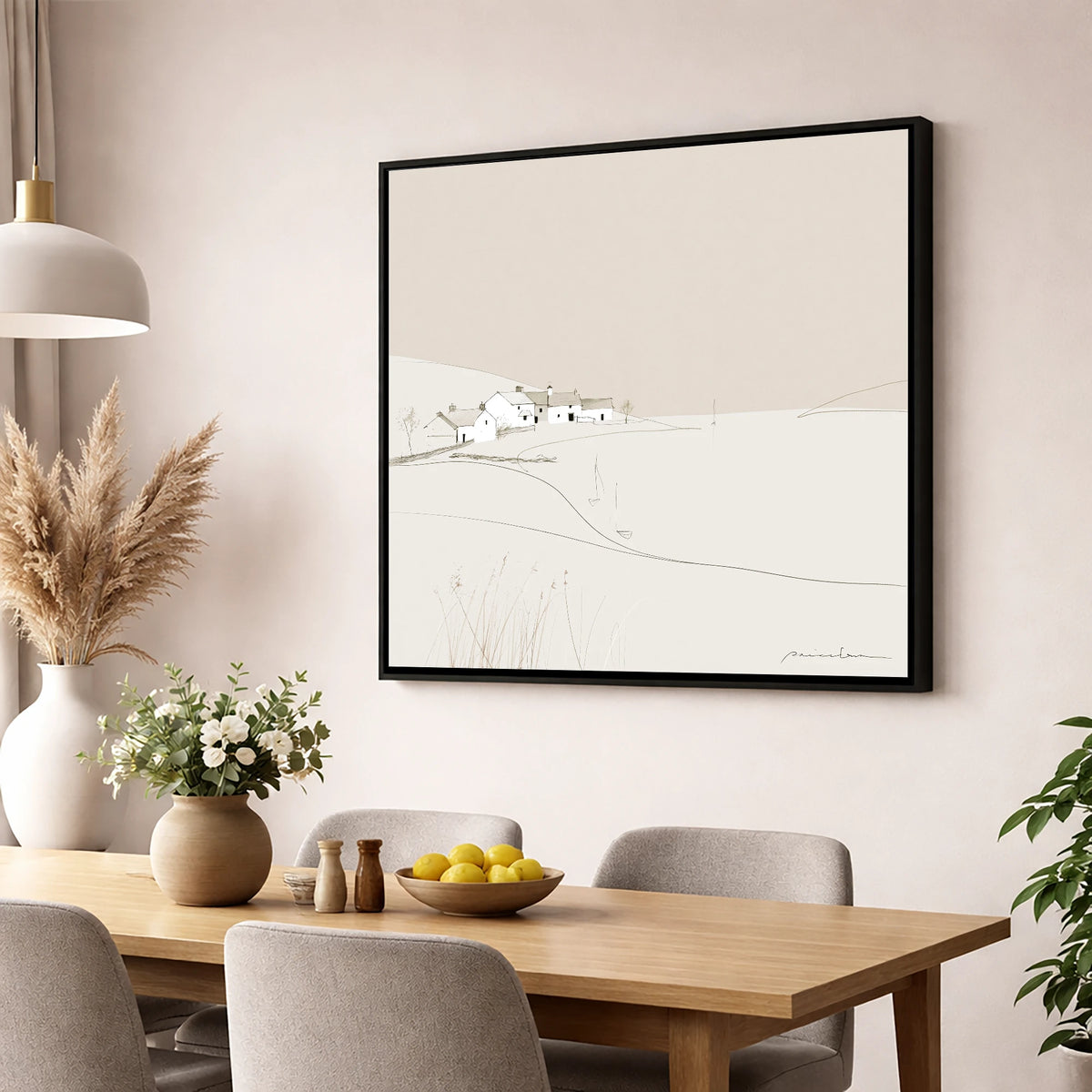 Minimalist White Lakeside Village lake district village wall art displayed in a dining room