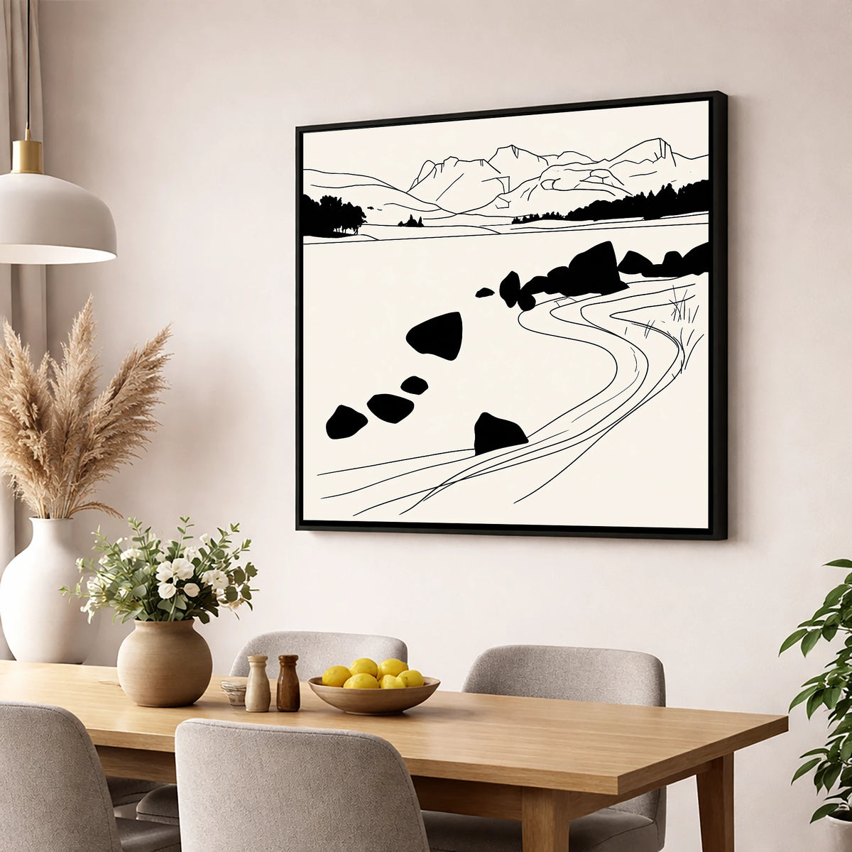 Minimalist Elterwater Scattered Rocks lake district lake wall art displayed in a dining room