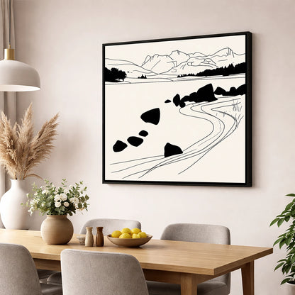 Minimalist Elterwater Scattered Rocks lake district lake wall art displayed in a dining room
