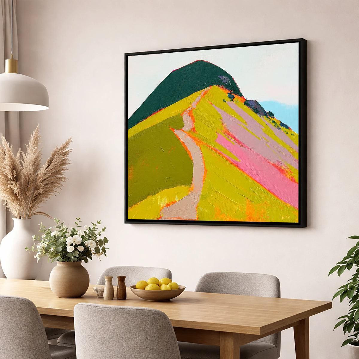 Vibrant Path Up Catbells lake district fell wall art displayed in a dining room