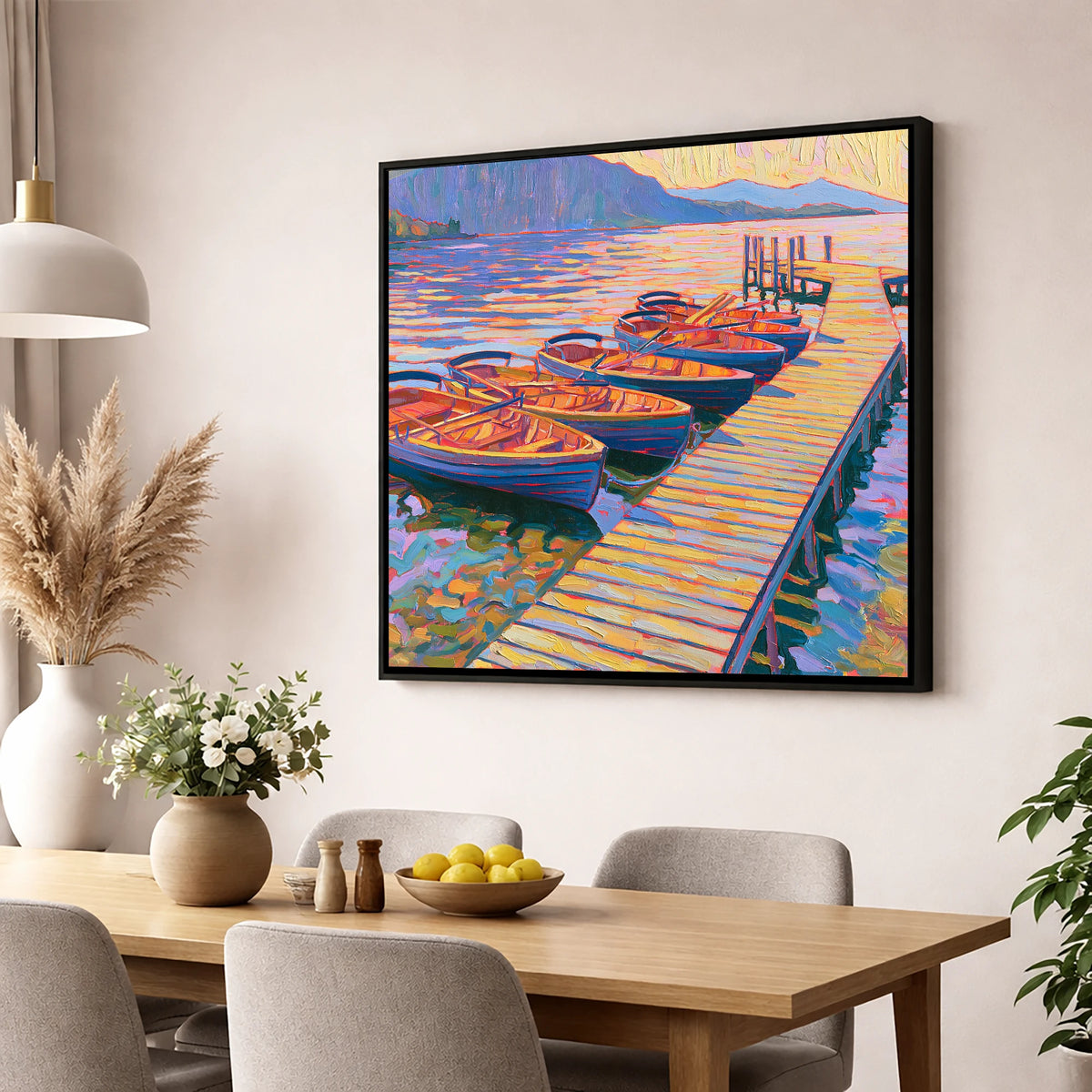 Vibrant Windermere Rowing Boats lake district lake wall art displayed in a dining room