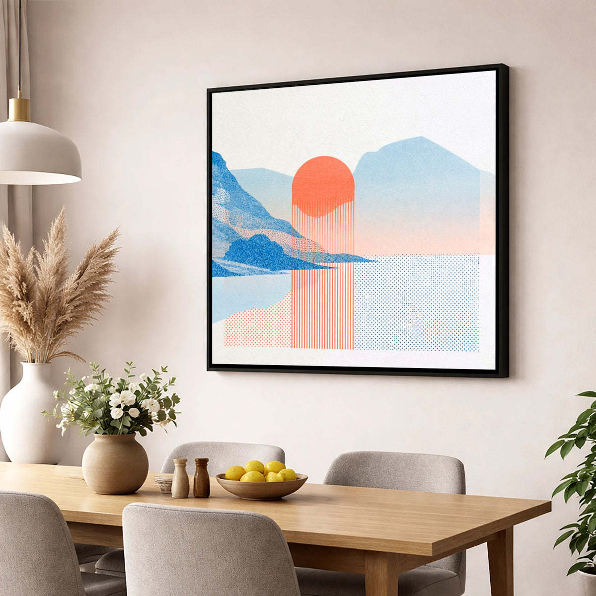 Modern Buttermere in Coral and Blue lake district lake wall art displayed in a dining room