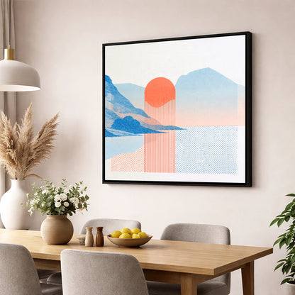 Modern Buttermere in Coral and Blue lake district lake wall art displayed in a dining room