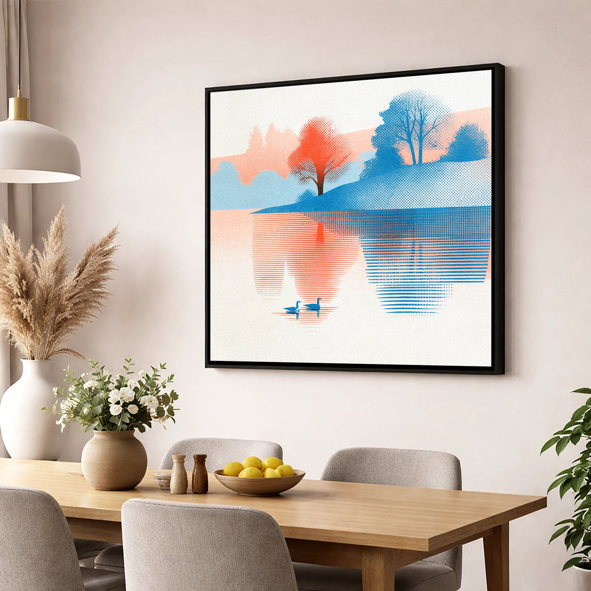 Still Lake at Coral Dawn lake district lake wall art displayed in a dining room