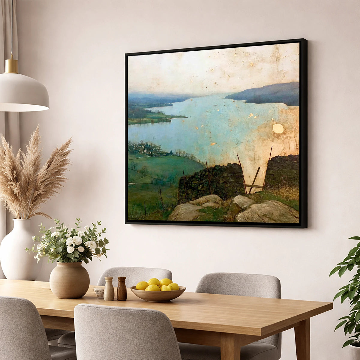 Lake Windermere in Golden Haze lake district lake wall art displayed in a dining room