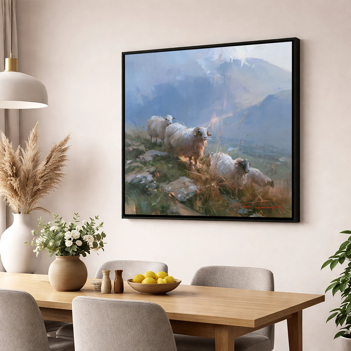 Herdwick Sheep on a Sunlit Fell lake district wildlife wall art displayed in a dining room