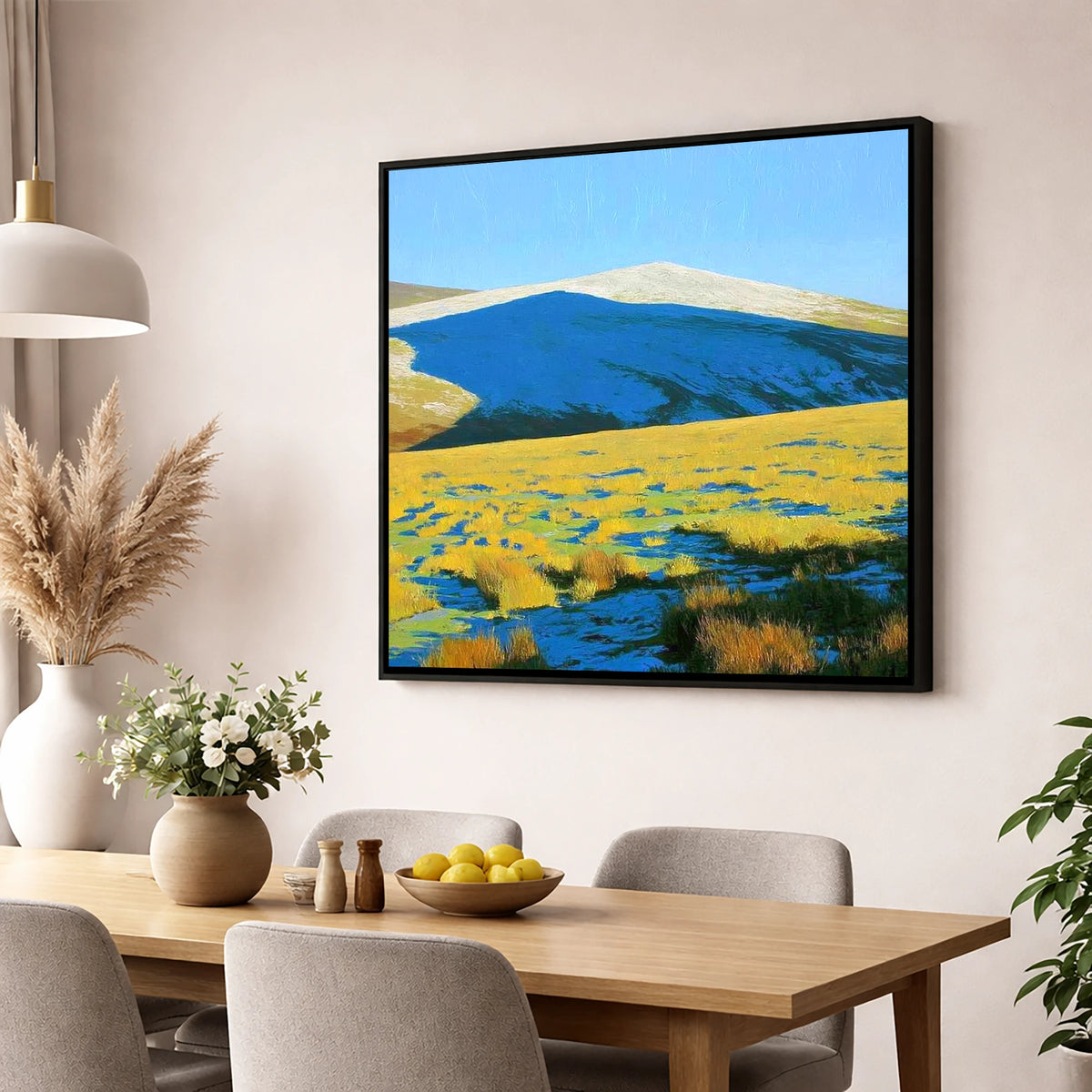 Frosted Knott Above Sunlit Moorland lake district fell wall art displayed in a dining room