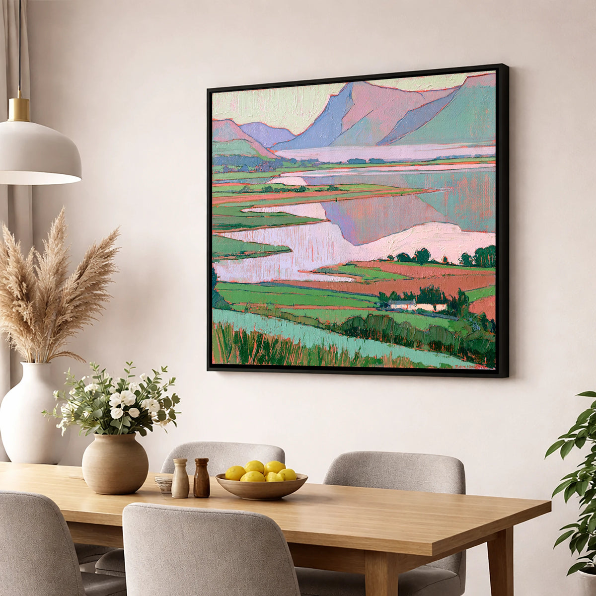 Morning Mist Over Pastel Valley lake district sky wall art displayed in a dining room