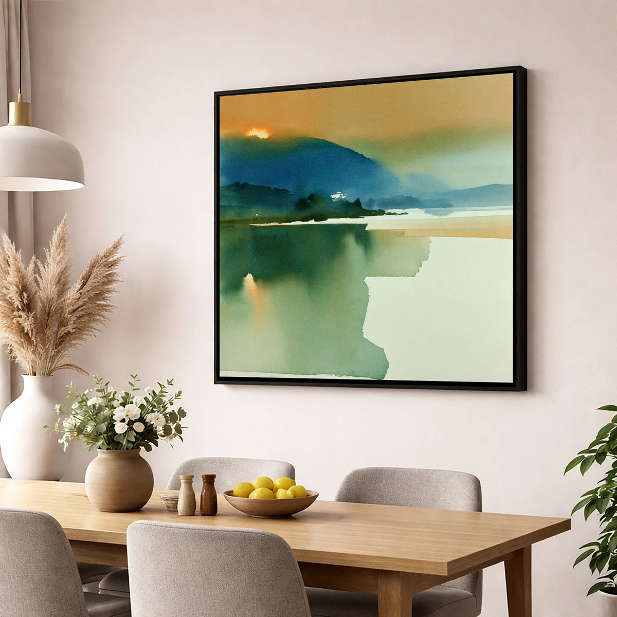 Teal and Gold Lake Sunset lake district lake wall art displayed in a dining room