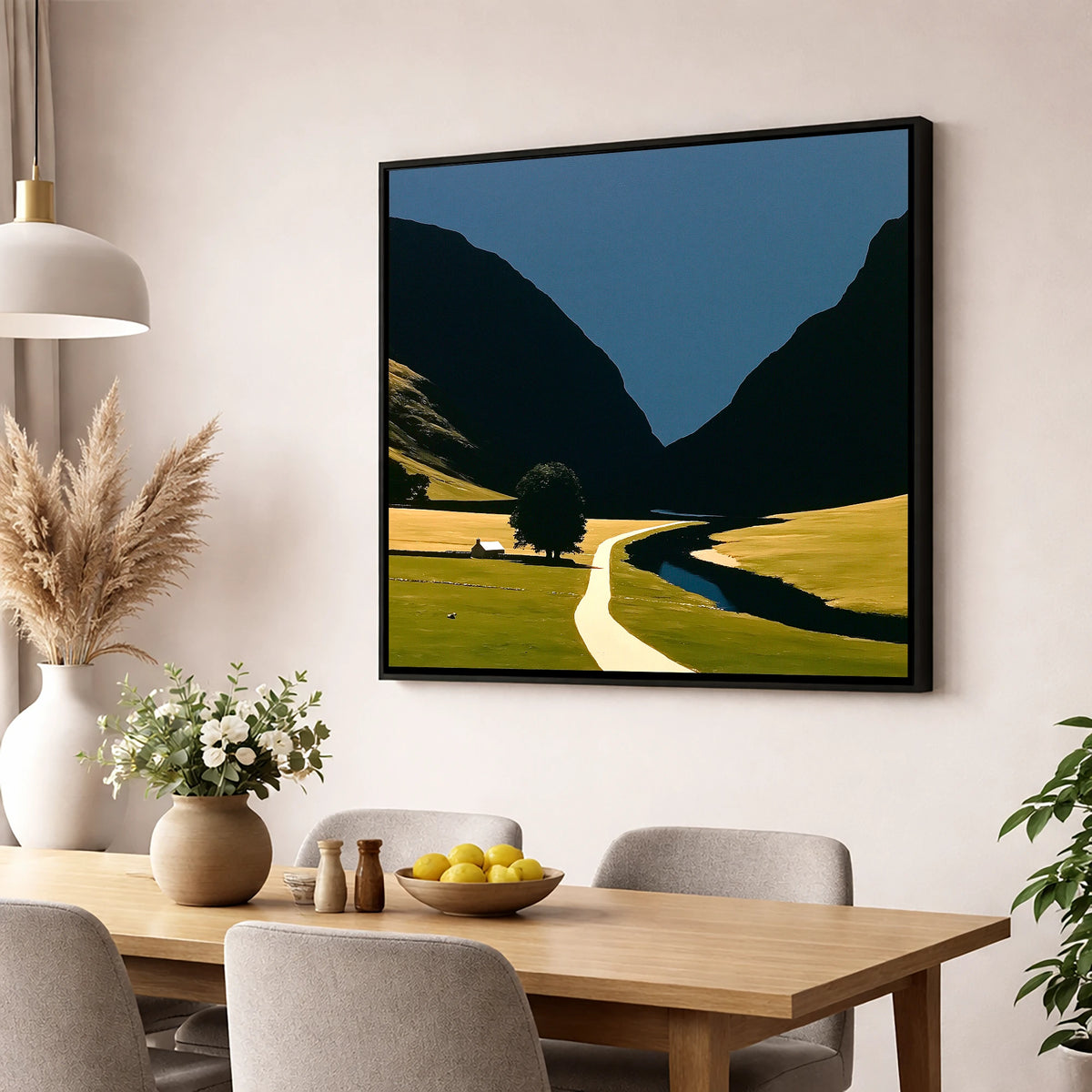 River Winding Through Dark Fells lake district waterfall wall art displayed in a dining room