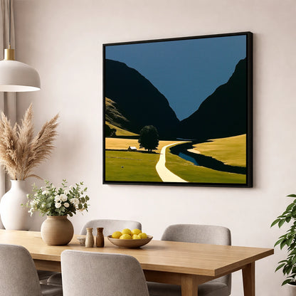 River Winding Through Dark Fells lake district waterfall wall art displayed in a dining room