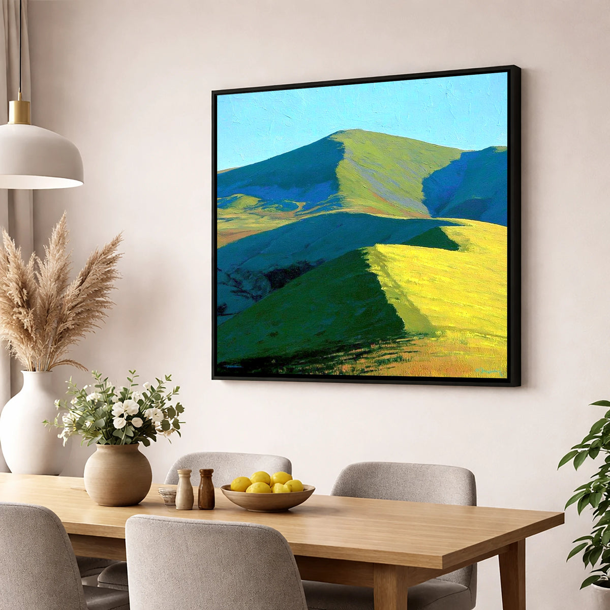 Vibrant Sunlight on Great Cockup lake district fell wall art displayed in a dining room