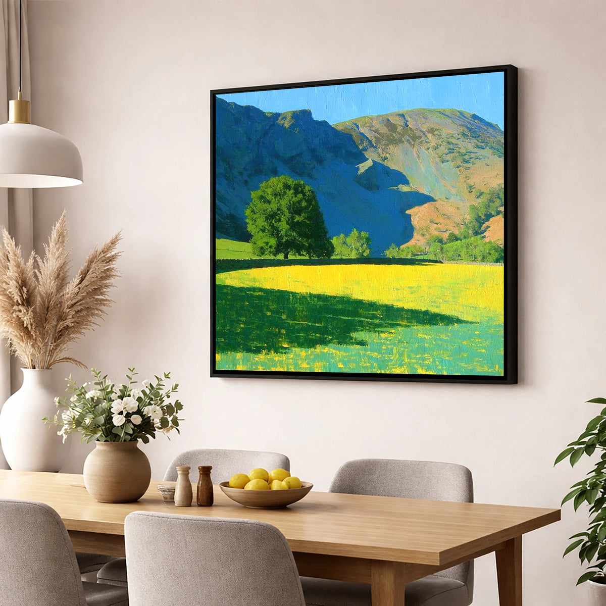 Sunlit Meadow Beneath Sheffield Pike lake district fell wall art displayed in a dining room