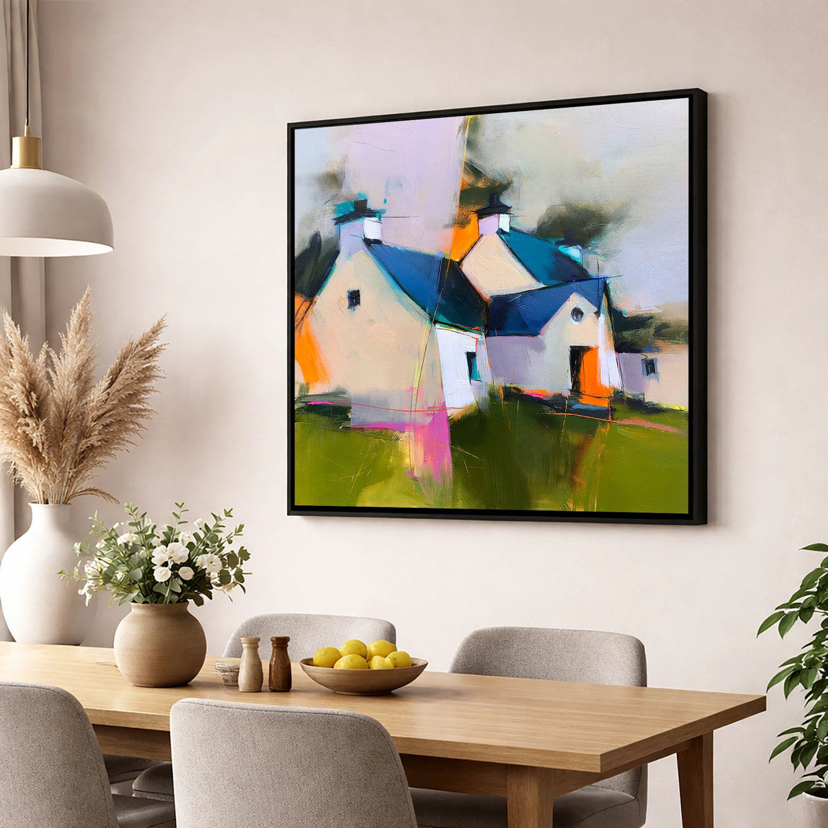 Colourful Slate Roofed Cottages lake district village wall art displayed in a dining room