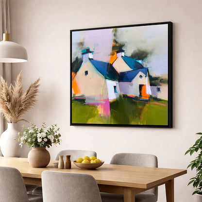 Colourful Slate Roofed Cottages lake district village wall art displayed in a dining room