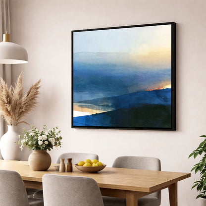 Summit View in Deep Indigo lake district fell wall art displayed in a dining room