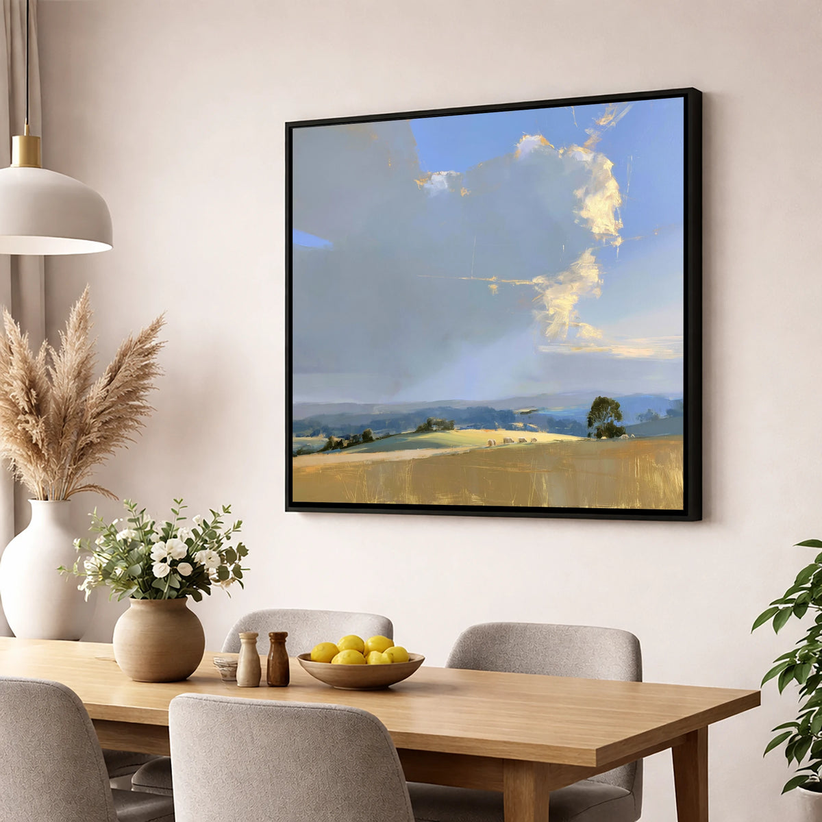 Sunlit Rolling Fells Under Cloud lake district fell wall art displayed in a dining room