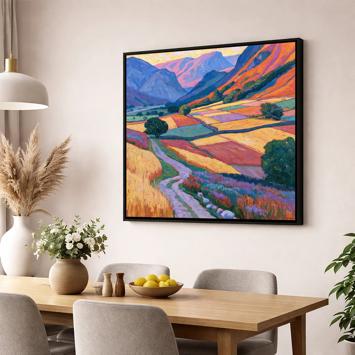 Vivid Patchwork Fields in the Dale lake district valley wall art displayed in a dining room