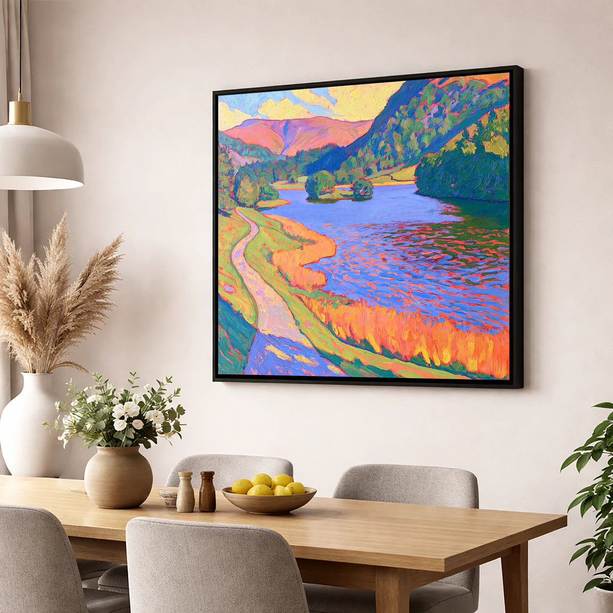 Vivid Path Beside Rydal Water lake district lake wall art displayed in a dining room