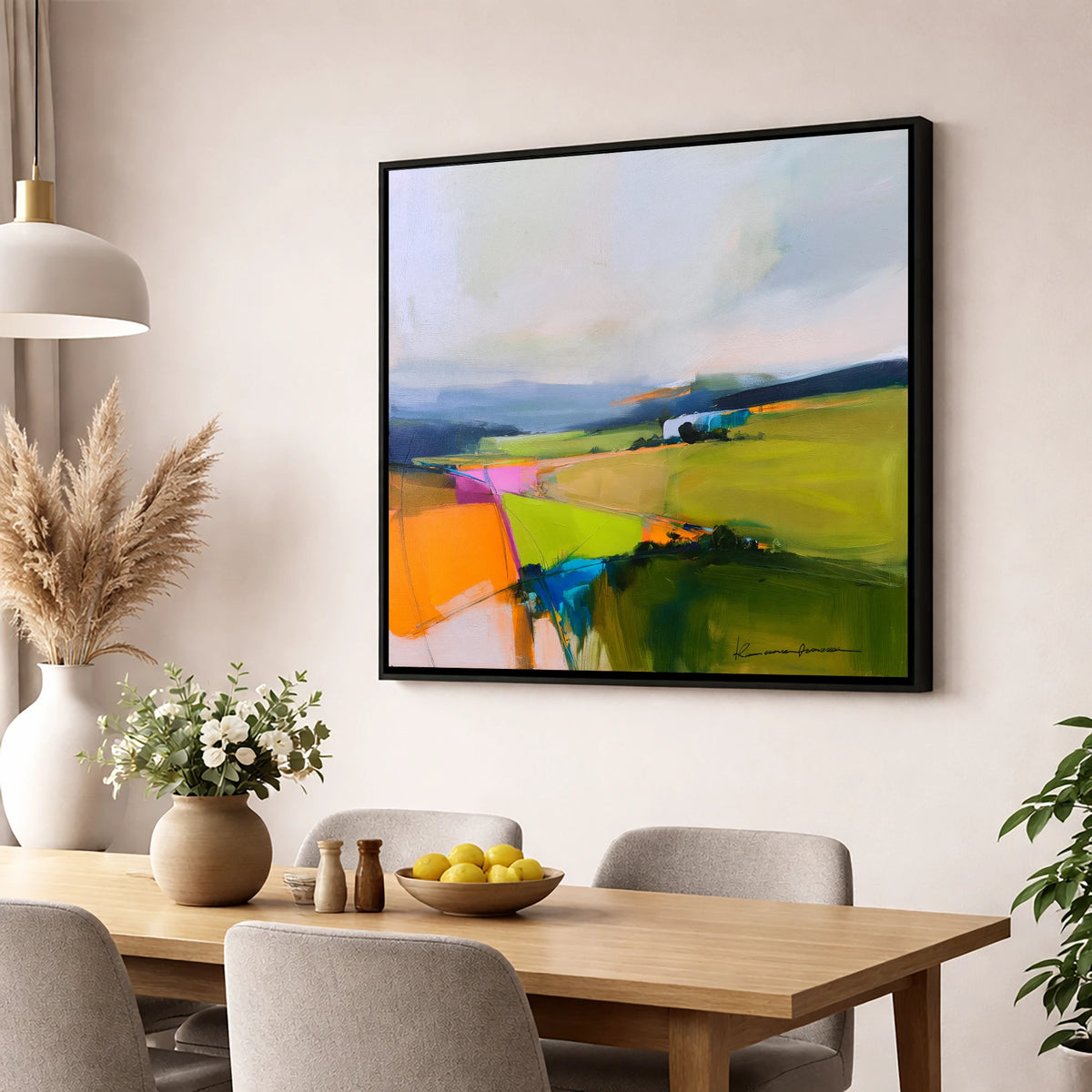 Vivid Patchwork Lakeland Dale lake district valley wall art displayed in a dining room