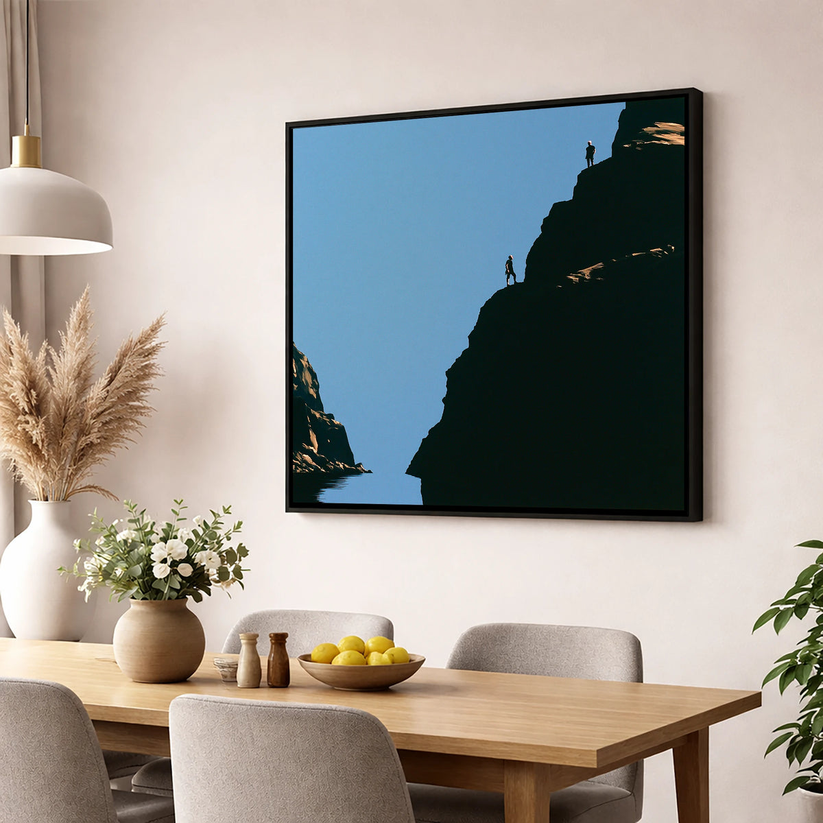 Silhouetted Climbers on Lakeland Crag lake district walking wall art displayed in a dining room