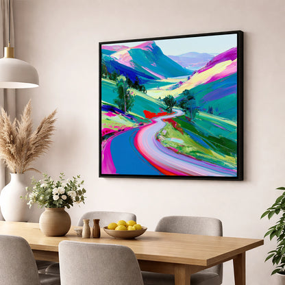 Vivid Winding Mountain Pass lake district valley wall art displayed in a dining room