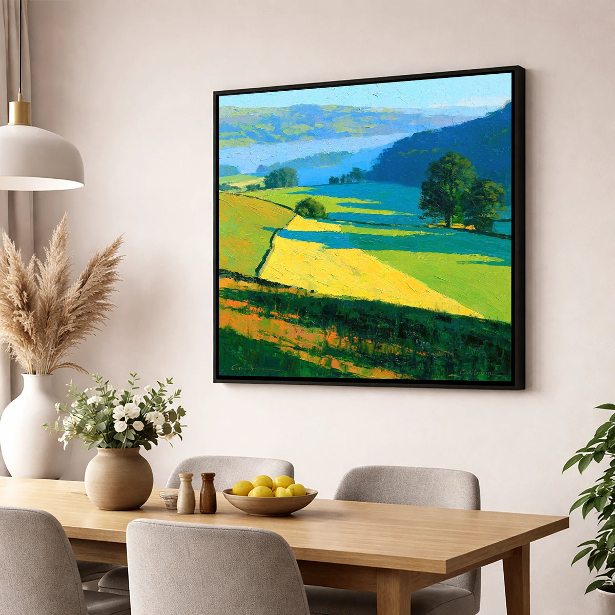 Sunlight and Shadow over Valley Fields lake district sky wall art displayed in a dining room