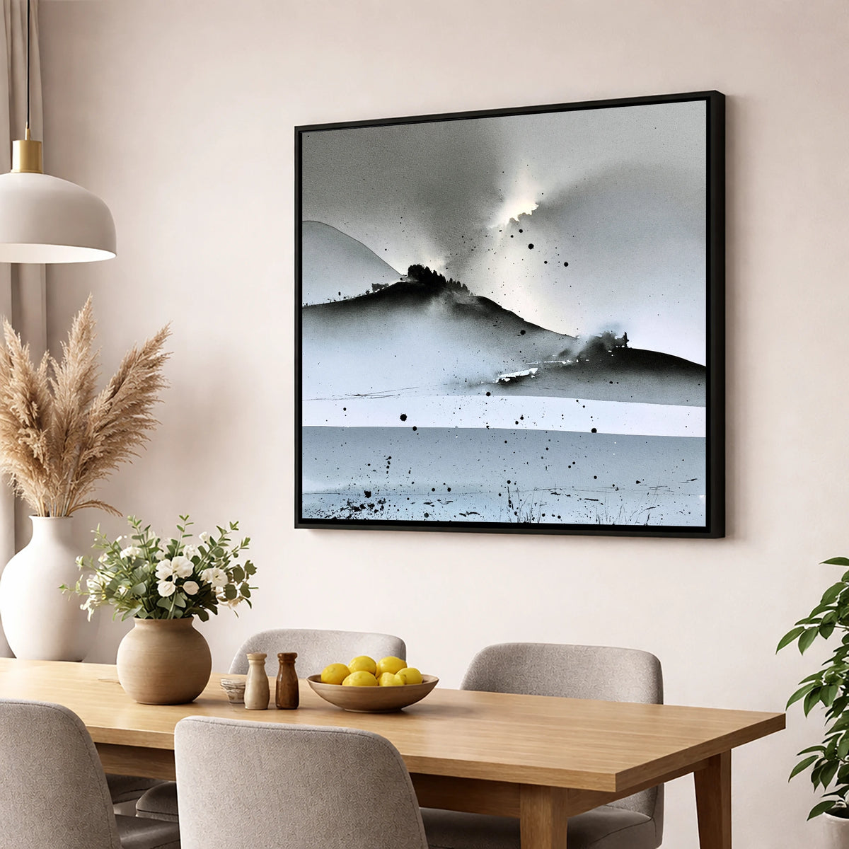 Monochrome Lake District Evening Fells lake district sky wall art displayed in a dining room