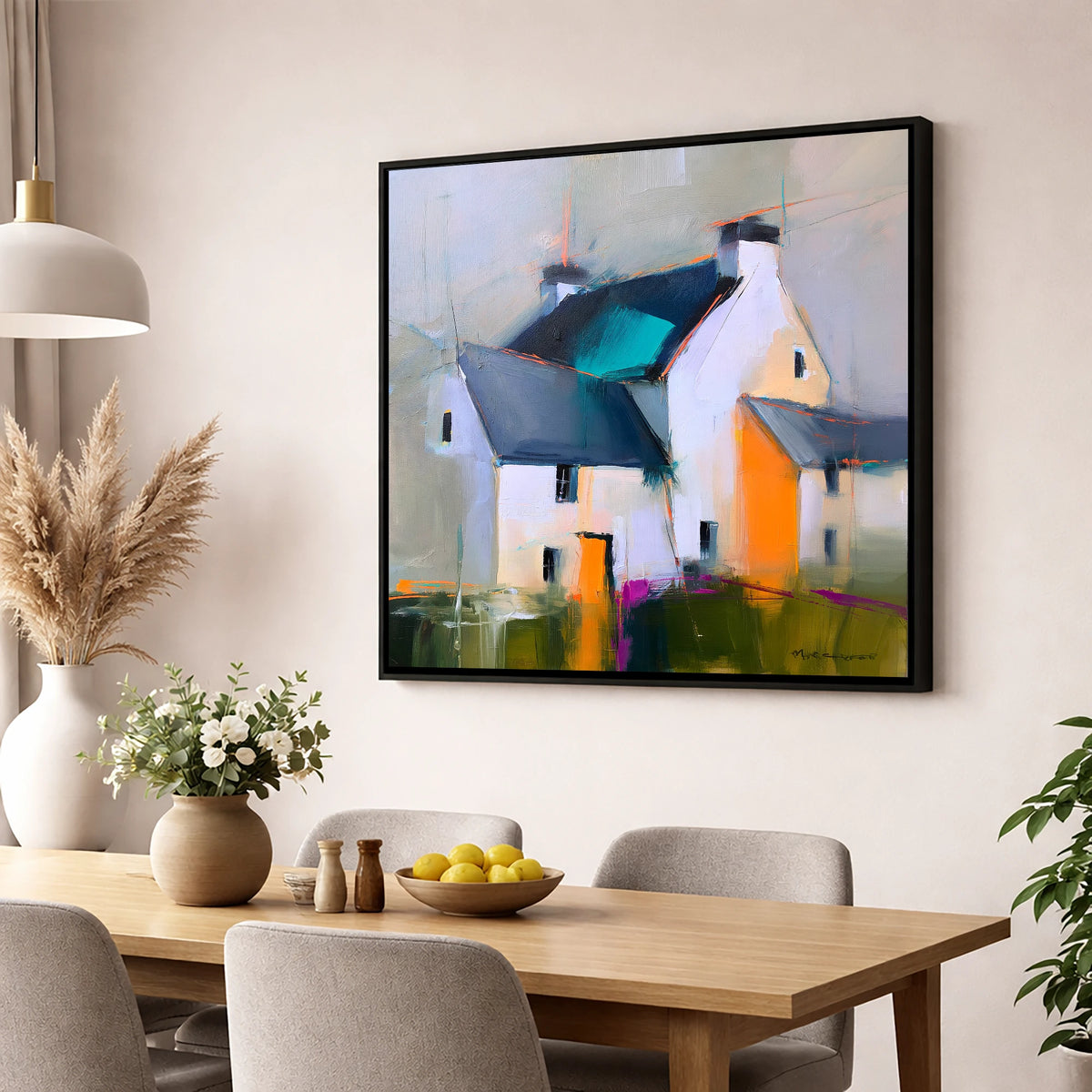 Abstract Lakeland Slate Cottages lake district village wall art displayed in a dining room
