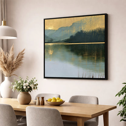 Still Lake Under Gilded Sky lake district lake wall art displayed in a dining room