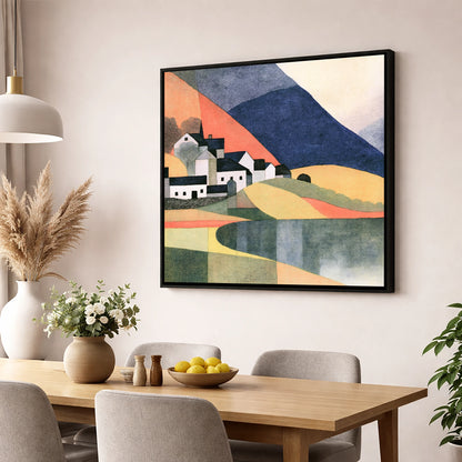 Lakeside Village and Indigo Fells lake district village wall art displayed in a dining room