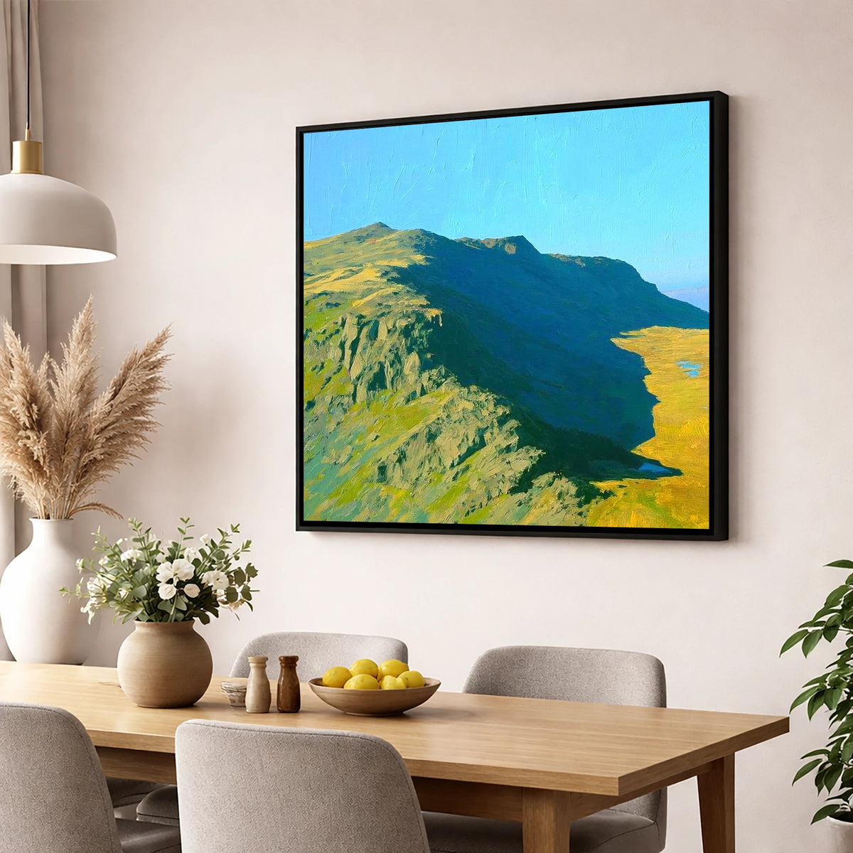 Thunacar Knott Ridge and Crags lake district fell wall art displayed in a dining room