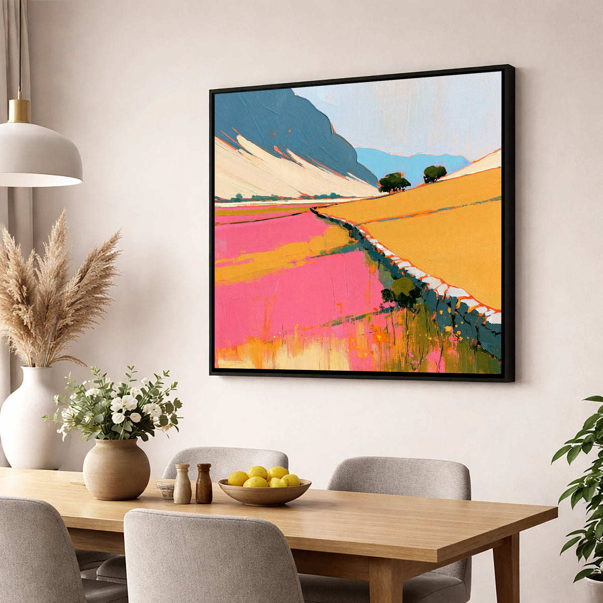 Bold Pink Valley Drystone Wall lake district valley wall art displayed in a dining room