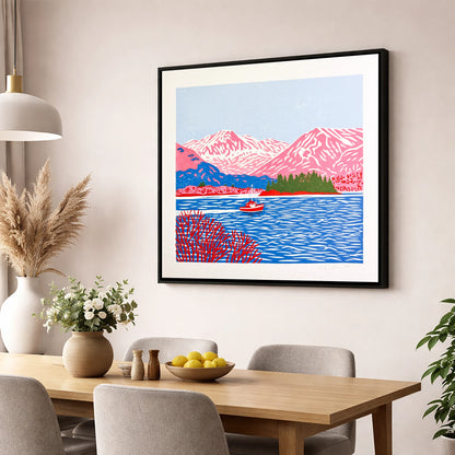 Derwentwater Boat and Pink Fells lake district lake wall art displayed in a dining room