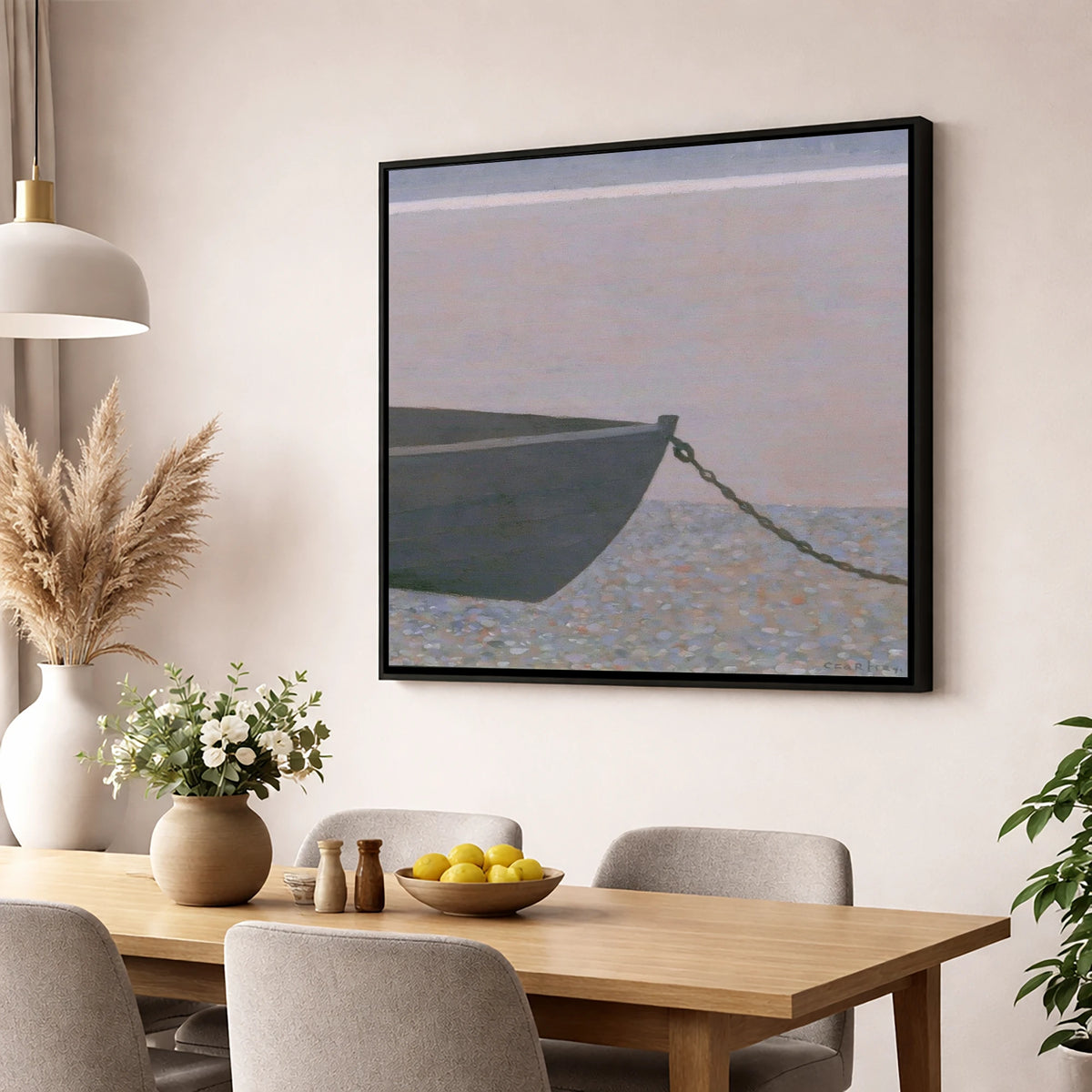 Windermere Boat on Pebble Shore lake district lake wall art displayed in a dining room