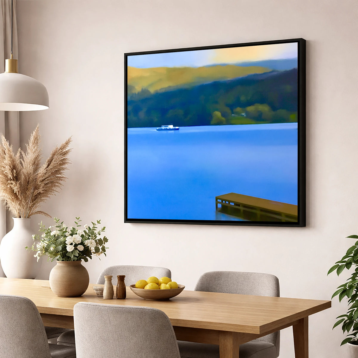Jetty on Blue Coniston Water lake district lake wall art displayed in a dining room