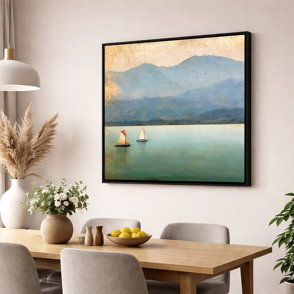 Windermere Sailboats in Teal and Gold lake district lake wall art displayed in a dining room