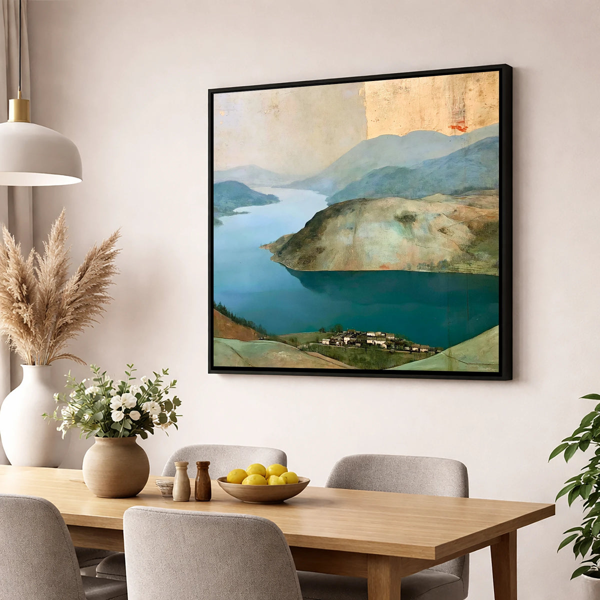 Glenridding Under A Golden Sky lake district village wall art displayed in a dining room