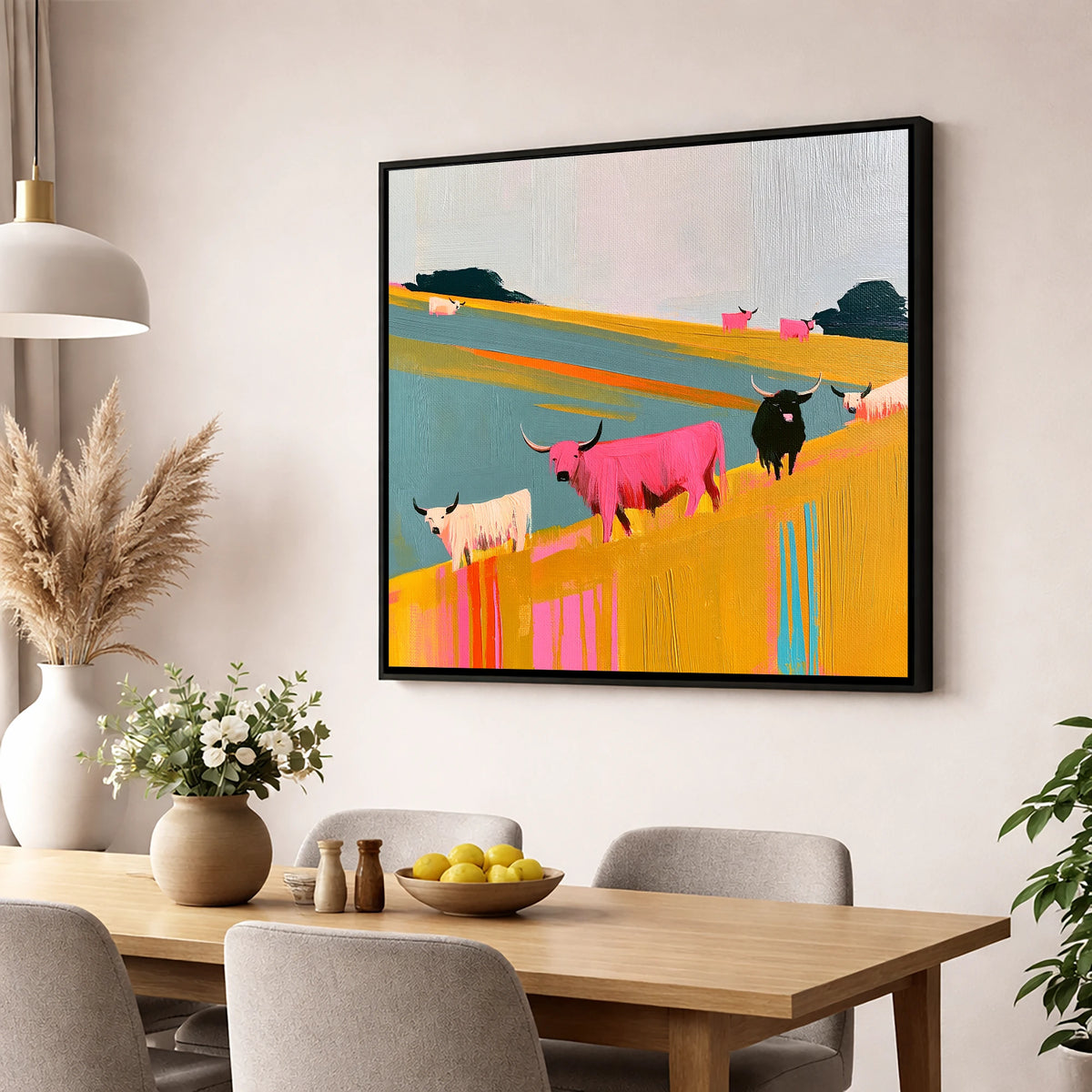 Colourful Highland Cattle Grazing lake district wildlife wall art displayed in a dining room