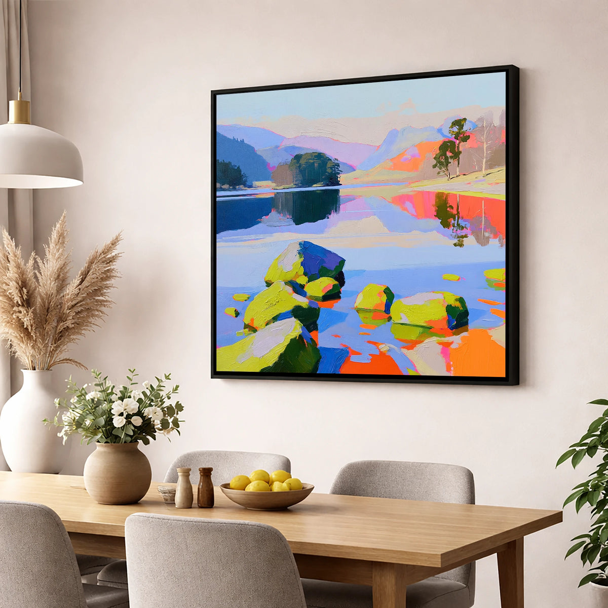 Colourful Rydal Water Boulders lake district lake wall art displayed in a dining room
