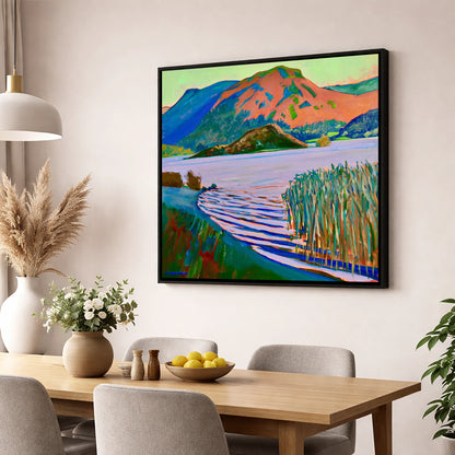 Grasmere Reeds and Vibrant Fells lake district lake wall art displayed in a dining room