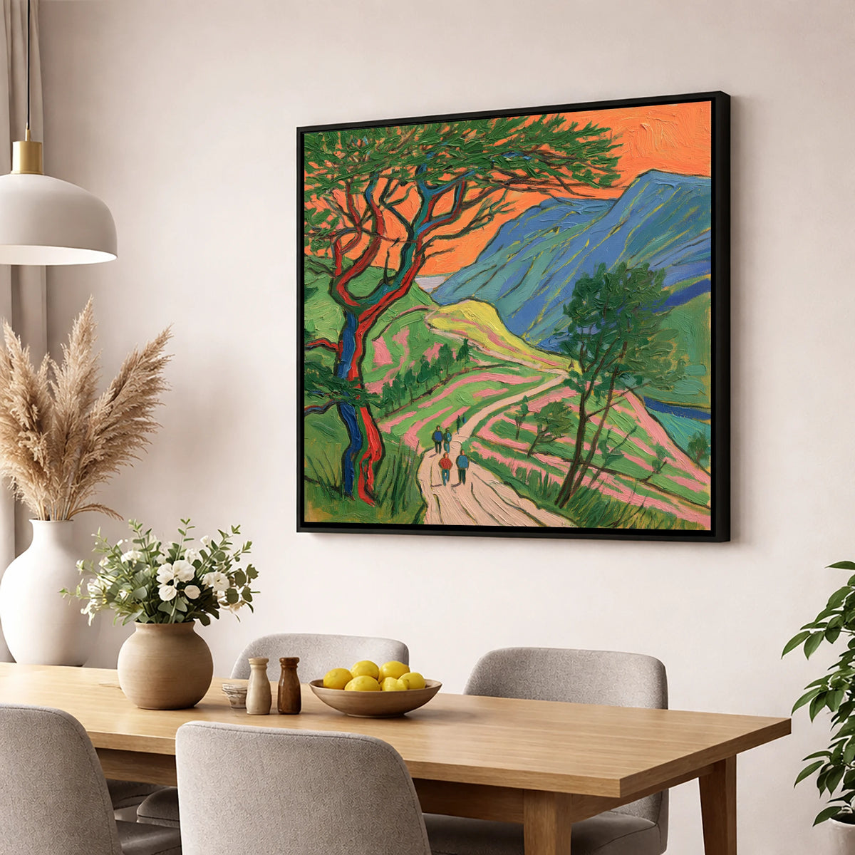 Fell Path Beneath an Orange Sky lake district walking wall art displayed in a dining room