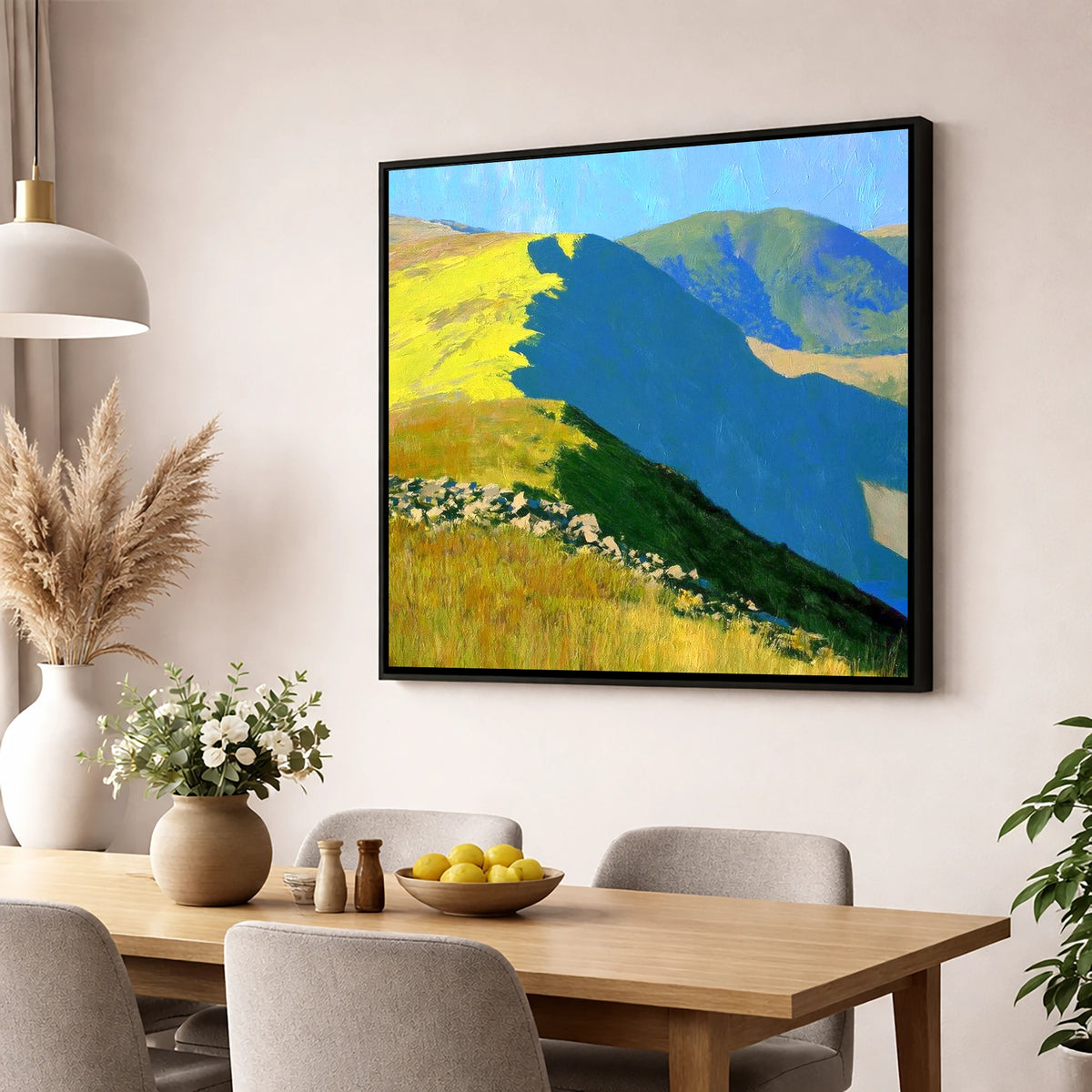 Vibrant Sunlight on Yoke Ridge lake district fell wall art displayed in a dining room