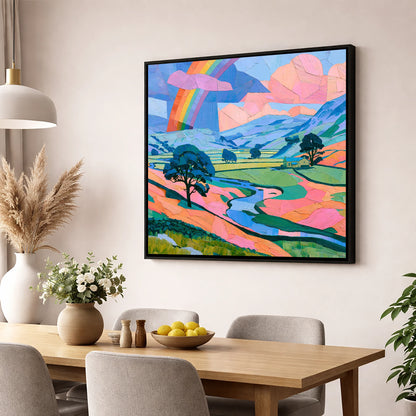 Lakeland Valley Rainbow After Rain lake district sky wall art displayed in a dining room