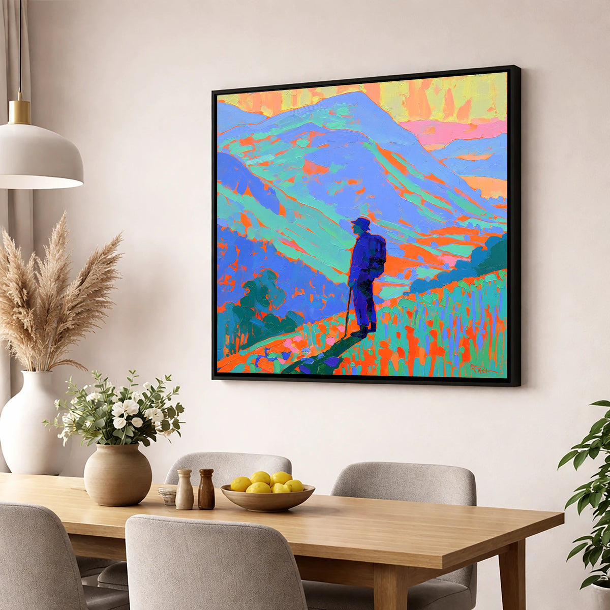 Vibrant Fell Walker Silhouette lake district walking wall art displayed in a dining room
