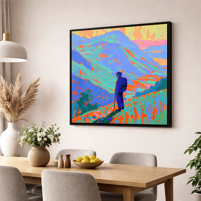 Vibrant Fell Walker Silhouette lake district walking wall art displayed in a dining room