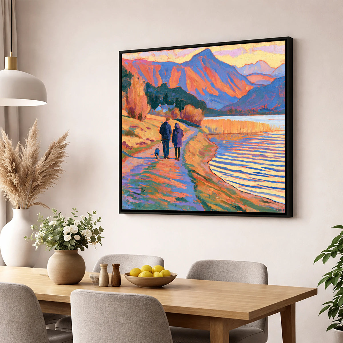Vibrant Dog Walk at Hawkshead gifts for dog walkers wall art displayed in a dining room